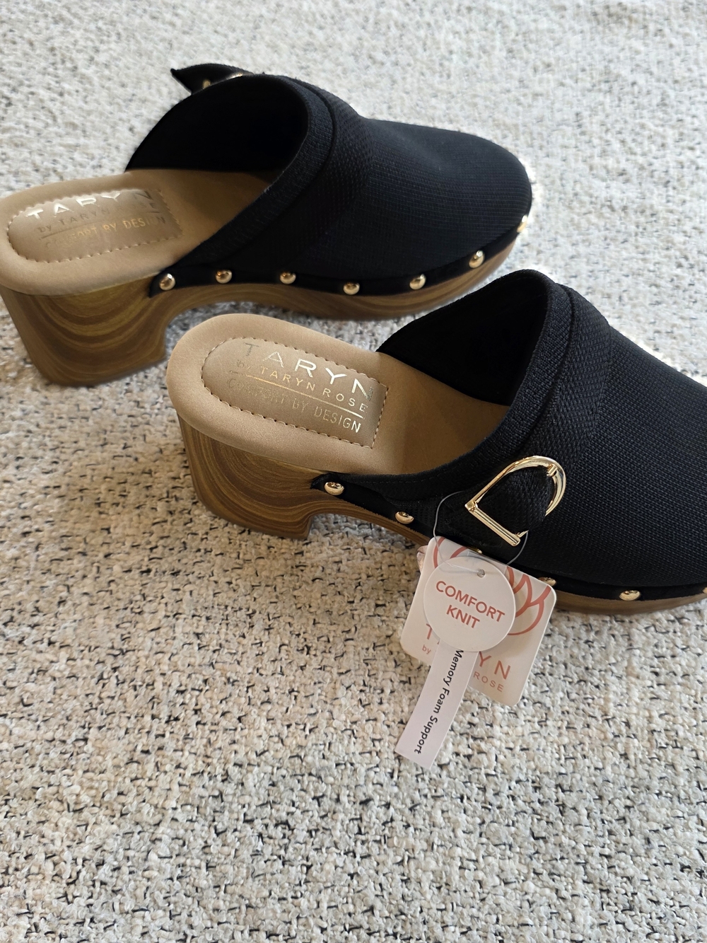 Taryn Rose Black Comfort Knit Clogs Size 8 Wood Look Heel Gold Studs NWT - Picture 2 of 8